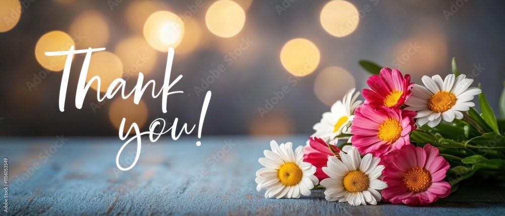 Naklejka premium Beautiful Thank You Bouquet of Pink and White Daisies on Wooden Table