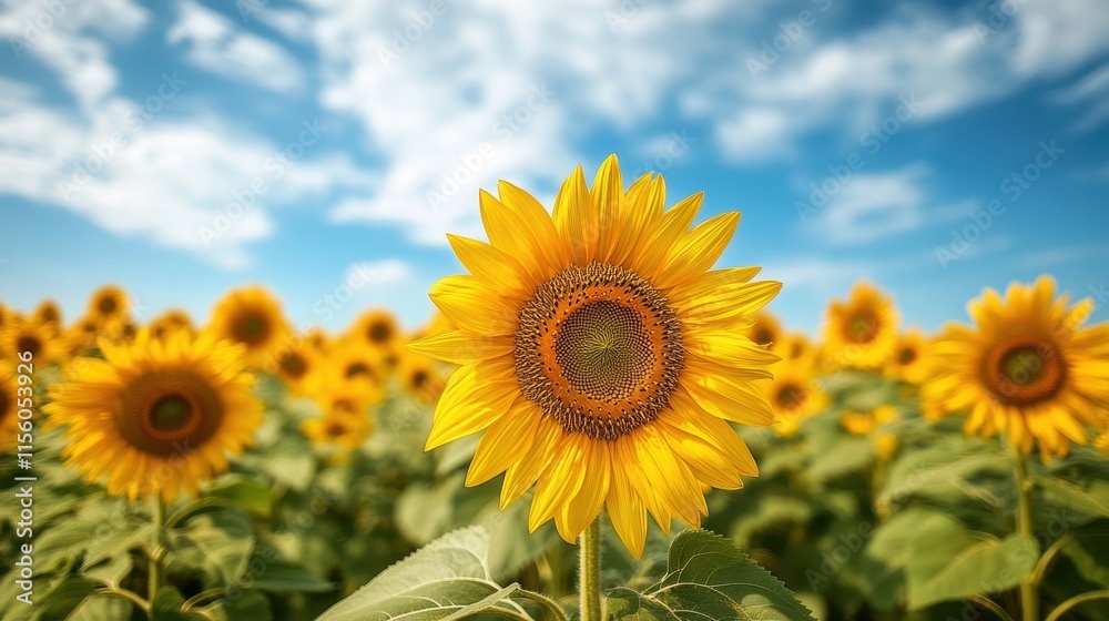 Expansive sunflower field under a bright blue sky with fluffy white clouds on a sunny summer day creating a picturesque natural landscape Expansive sunflower field under a bright blue sky with fluffy white clouds on a sunny summer day creating a picturesque natural landscape