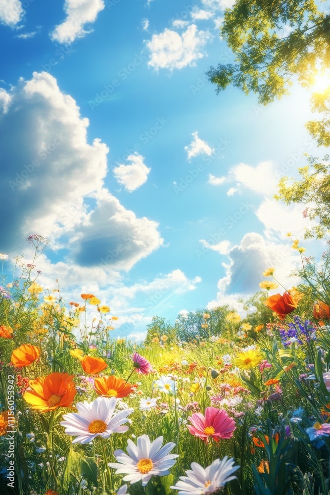 Vibrant wildflower field under a sunny sky with fluffy clouds in springtime Vibrant wildflower field under a sunny sky with fluffy clouds in springtime