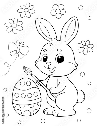 bunny painting easter egg and some flowers, coloring page ready to print on standard 8.5x11 inch paper photo