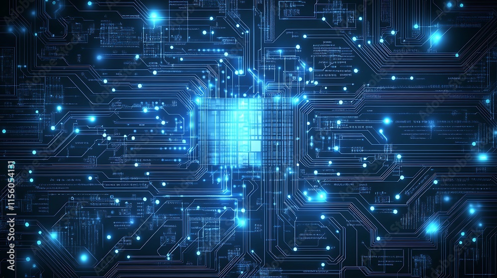 Abstract Blue Circuit Board with Glowing Elements Abstract Blue Circuit Board with Glowing Elements
