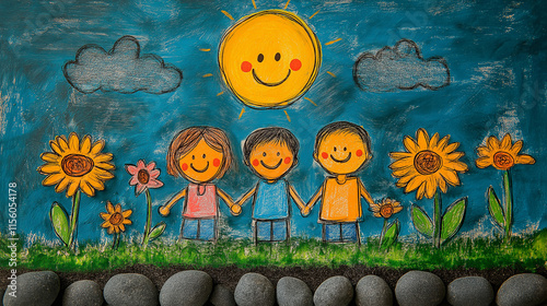 Happy doodle stick mans family in summer park. Hand drawn family members. 