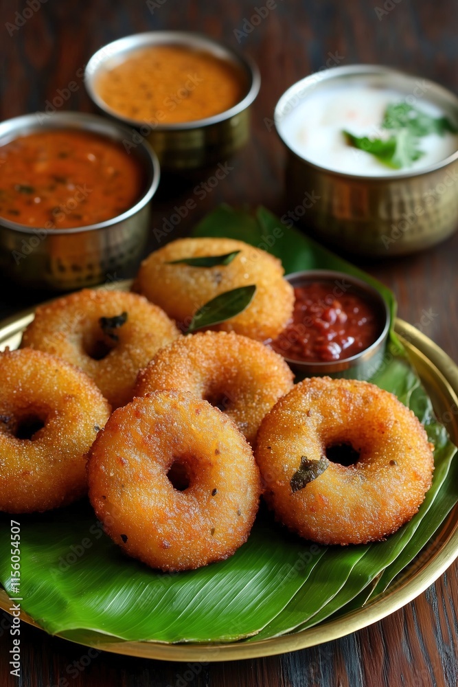 Traditional South Indian Medu Vada Platter with Coconut Chutney, Sambar, and Rustic Brass Plate Styling Traditional South Indian Medu Vada Platter with Coconut Chutney, Sambar, and Rustic Brass Plate Styling