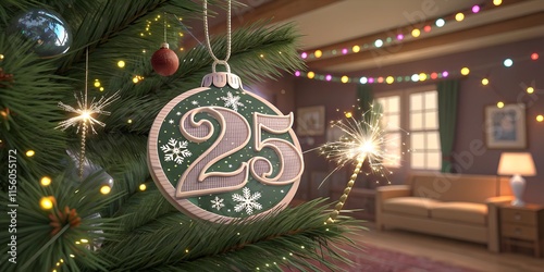 Wallpaper Mural 2025 new year celebration ornament hanging on tree with lights. Perfect for greetings card, web page, banner, wallpaper, poster, t-shirt design and new year celebrations. Torontodigital.ca