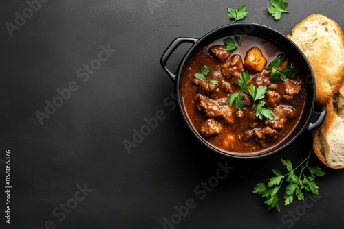 irish cuisine, irish stew in a black pot, soda bread, herbs on dark background with room for text, capturing traditional irish cuisine