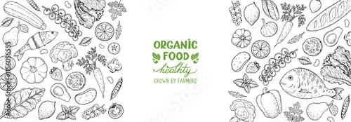 Organic food set. Healthy food frame vector illustration. Vegetables, fruits, meat sketch. Hand drawn vector illustration.