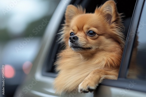 A fluffy brown dog enjoys the breeze with its head resting out of a car window, surrounded by blurry traffic in the background. Generative AI photo