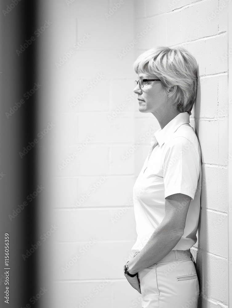 Woman in white shirt leaning against a wall. AI. Woman in white shirt leaning against a wall. AI.