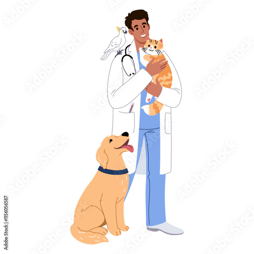Veterinarian with pets. A smiling male doctor with cute cat, dog and parrot on a white background in cartoon style