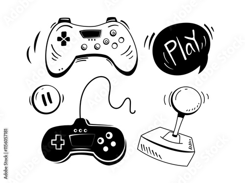 Gaming icons in black and white, including controllers, joystick, play button, and pause symbol. Minimalist design with retro and modern elements. Set of vector illustrations isolated on white