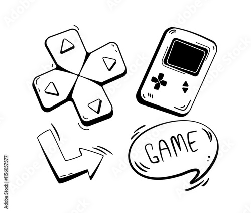 Gaming elements in black and white, including a directional pad, handheld console, arrow, and Game text. Clean, minimalist, and retro-inspired design. Vector illustrations isolated on white background