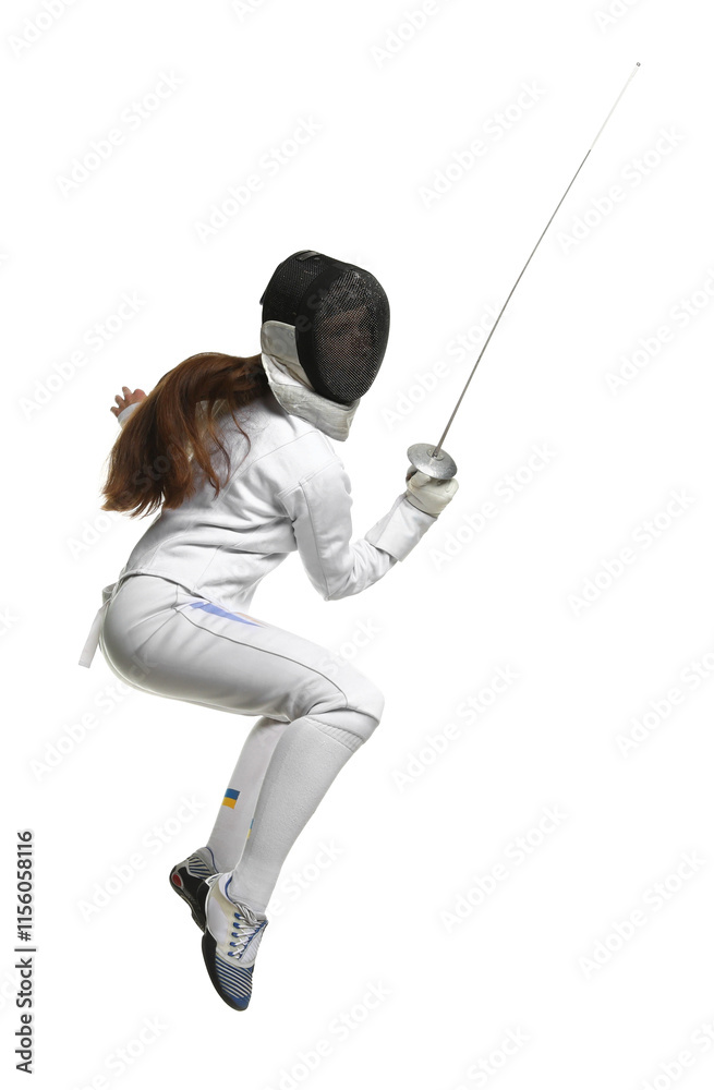 Fencer with epee practicing on white background Fencer with epee practicing on white background
