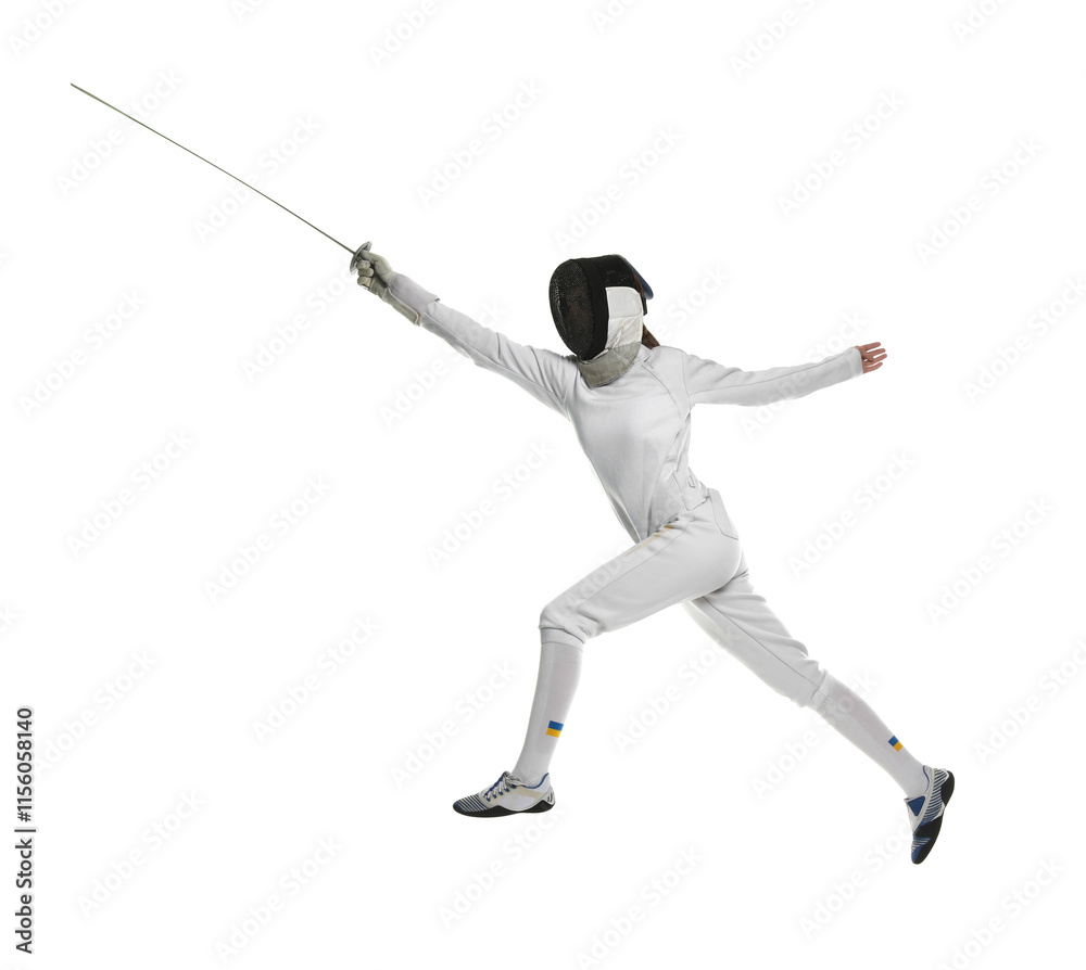 Fencer with epee practicing on white background Fencer with epee practicing on white background