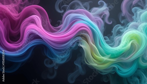 An abstract pattern resembling billowing smoke, with soft, flowing wisps in vibrant colors like magenta, cyan, and lime green, blending into a gradient of black and gray, giving a dreamy, ephemeral  photo