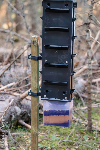 Obraz na płótnie Close up of a bark beetle trap attached to a wooden post, showcasing its design and placement in a natural environment w salonie