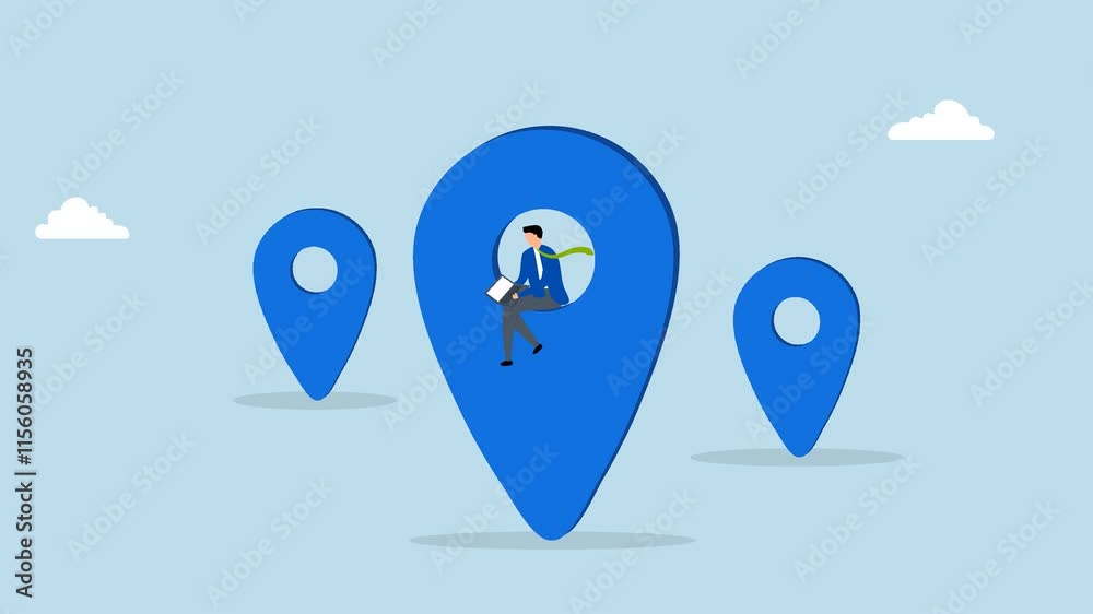 Remote job or distance work, 4k animation of businessman utilizing a laptop remotely with a location map pin. Remote job or distance work, 4k animation of businessman utilizing a laptop remotely with a location map pin.