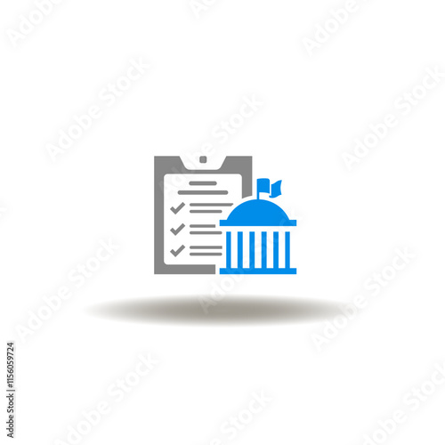 Vector illustration of checklist with bank. Icon of banking service. Symbol of standards. Sign of government administration.