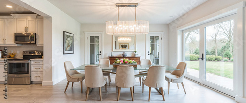 Modern dining room with a glass table and elegant decor