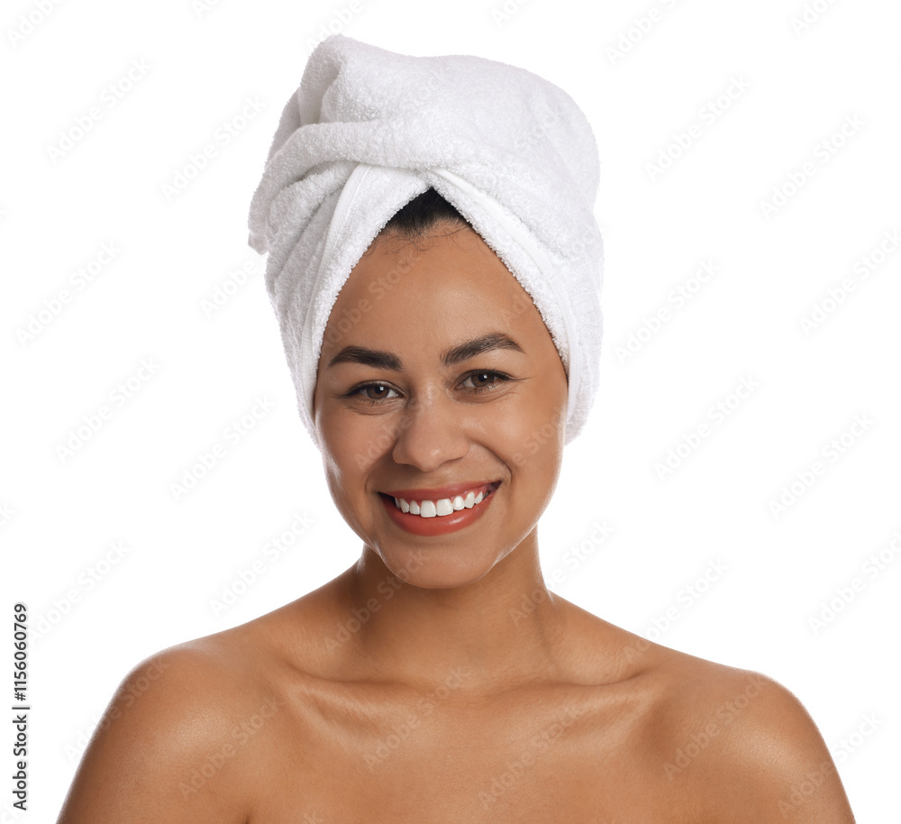Beautiful young woman with towel on head against white background Beautiful young woman with towel on head against white background