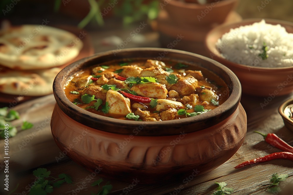 Chettinad Chicken Curry in Rustic Clay Pot with Coriander and Red Chilies, Macro Food Photography Chettinad Chicken Curry in Rustic Clay Pot with Coriander and Red Chilies, Macro Food Photography