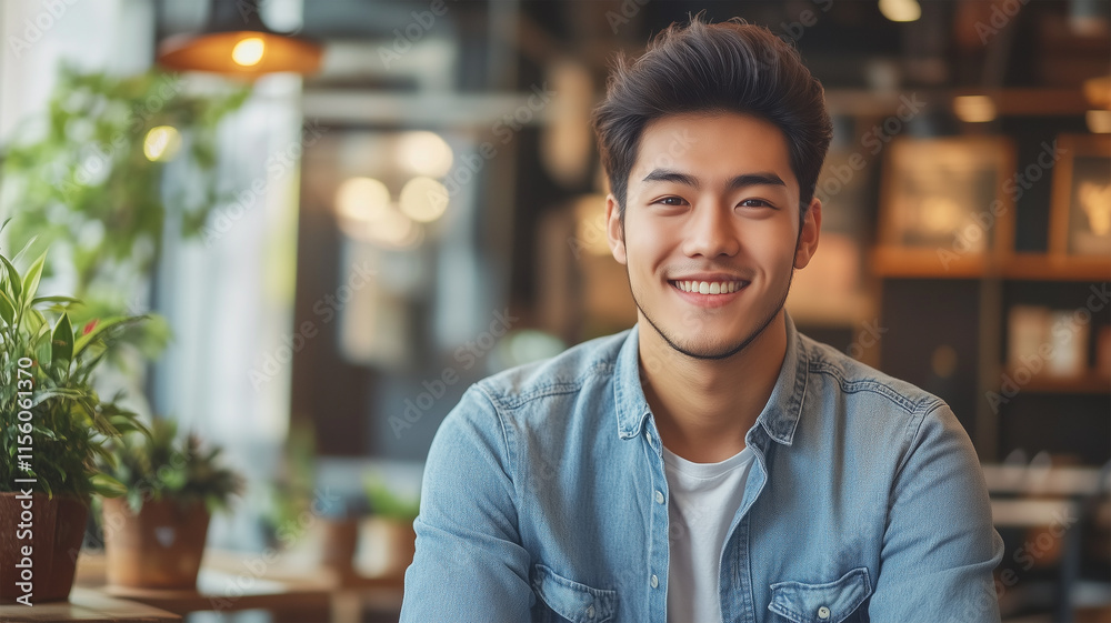 Fototapeta premium カフェでリラックスする笑顔の男性