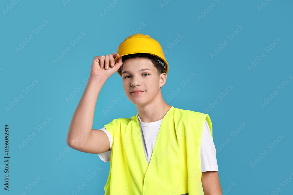 Teenage boy in hardhat and safety vest working as builder on blue background Teenage boy in hardhat and safety vest working as builder on blue background