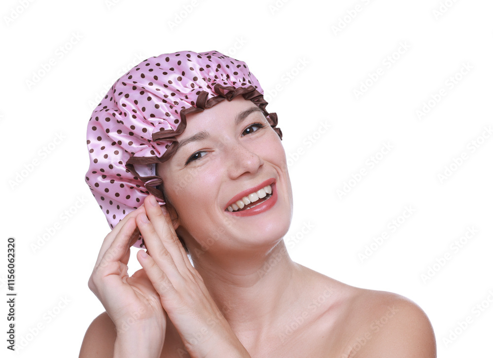 Woman wearing pink shower cap on white background Woman wearing pink shower cap on white background