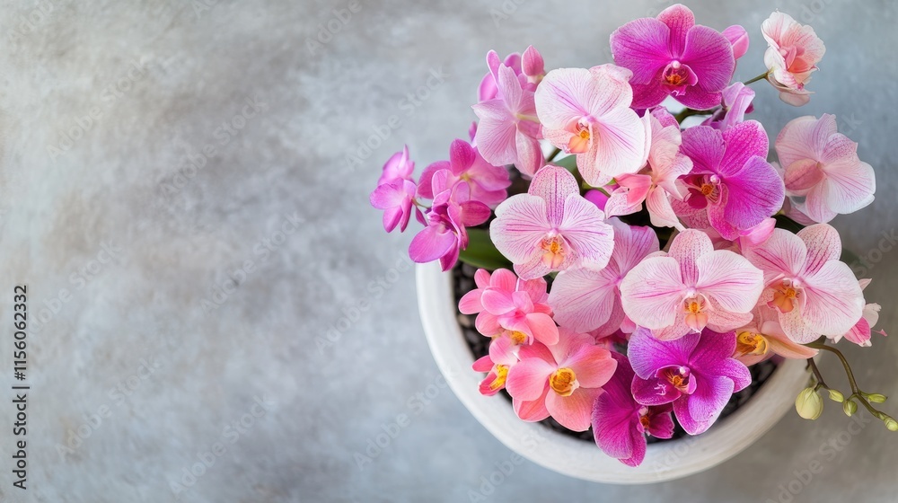 Fototapeta premium Colorful Fresh Orchid Flowers in a Modern White Pot Arrangement
