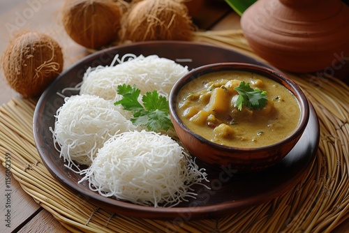 Freshly Steamed Idiyappam with Vegetable Kurma, Styled in a Traditional South Indian Setting photo