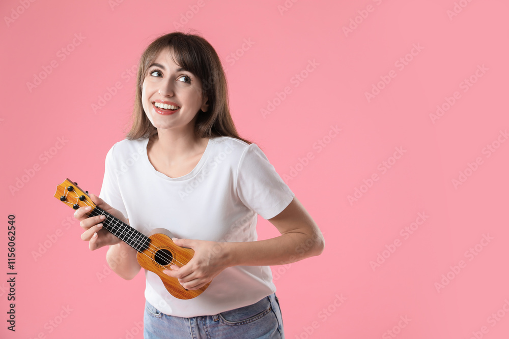 Happy woman playing ukulele on pink background, space for text Happy woman playing ukulele on pink background, space for text
