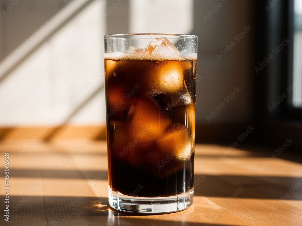 Glass of ice-cold cola with ice cubes, condensation on the glass, placed on a wooden table Glass of ice-cold cola with ice cubes, condensation on the glass, placed on a wooden table