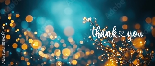 Glowing Thank You Message with Lights and Flowers Stock Photo