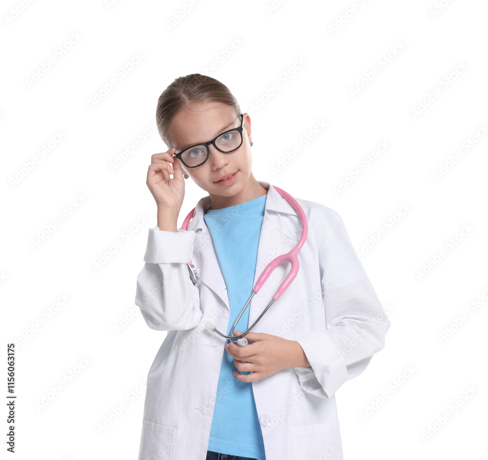 Girl with stethoscope pretending to be doctor on white background. Dreaming of future profession Girl with stethoscope pretending to be doctor on white background. Dreaming of future profession