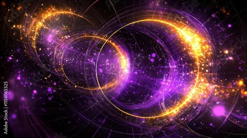 Abstract swirling cosmic nebula with glowing rings and particles.