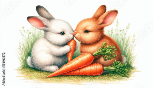 Two lovely cute rabbits holding carrot between them on the grass, Image cute and playful mood photo