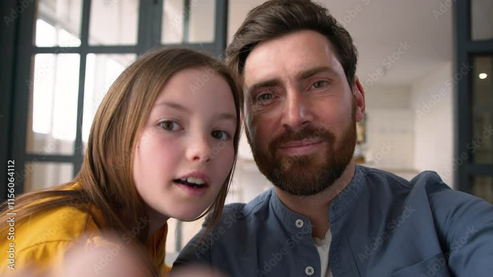 Webcam display POV joyful family glad Caucasian guy dad father man parent male hold gadget mobile phone little child schoolgirl girl kid talk daughter typing zoom gesture screen at home Internet app Webcam display POV joyful family glad Caucasian guy dad father man parent male hold gadget mobile phone little child schoolgirl girl kid talk daughter typing zoom gesture screen at home Internet app