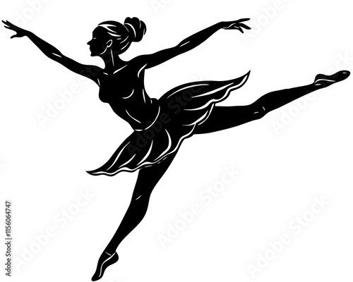 Graceful Ballet Dancer in Mid-Air Leap - Black and White Illustration