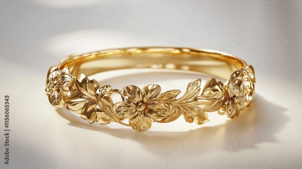 Exquisite Gold Bangle with Floral Design and Elegant Detailing Exquisite Gold Bangle with Floral Design and Elegant Detailing