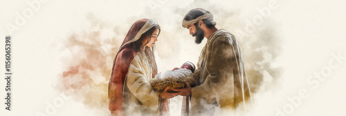 Panoramic digital watercolor illustration of nativity scene capture serene moment birth of baby Jesus, Mary, Joseph love gaze newborn in arm.