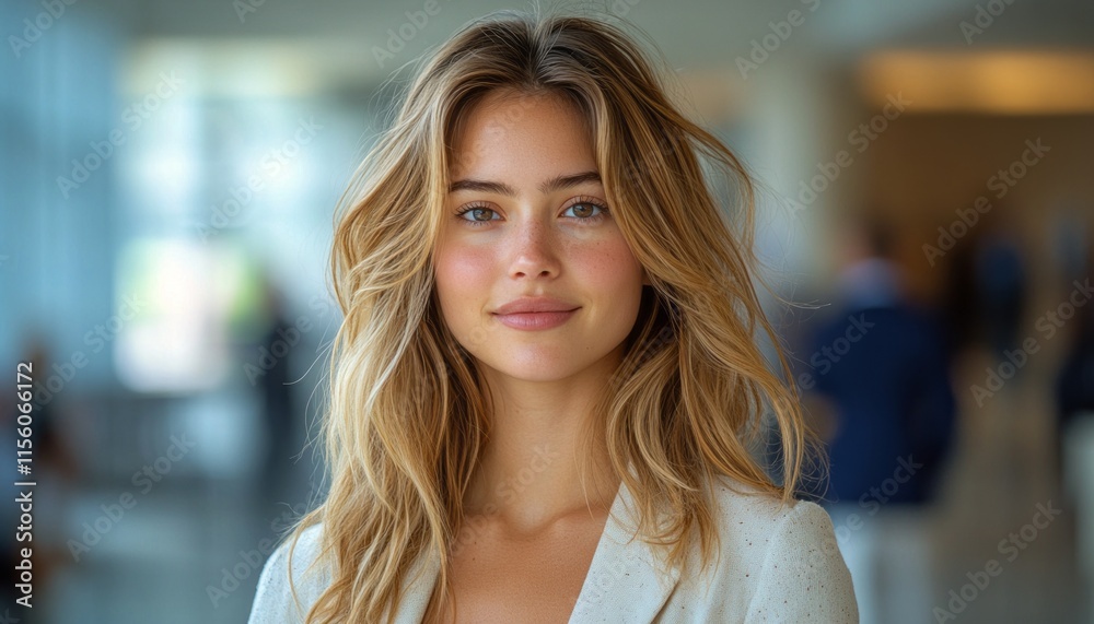 Bright indoor space with a smiling young woman in a professional outfit engaging with others Bright indoor space with a smiling young woman in a professional outfit engaging with others