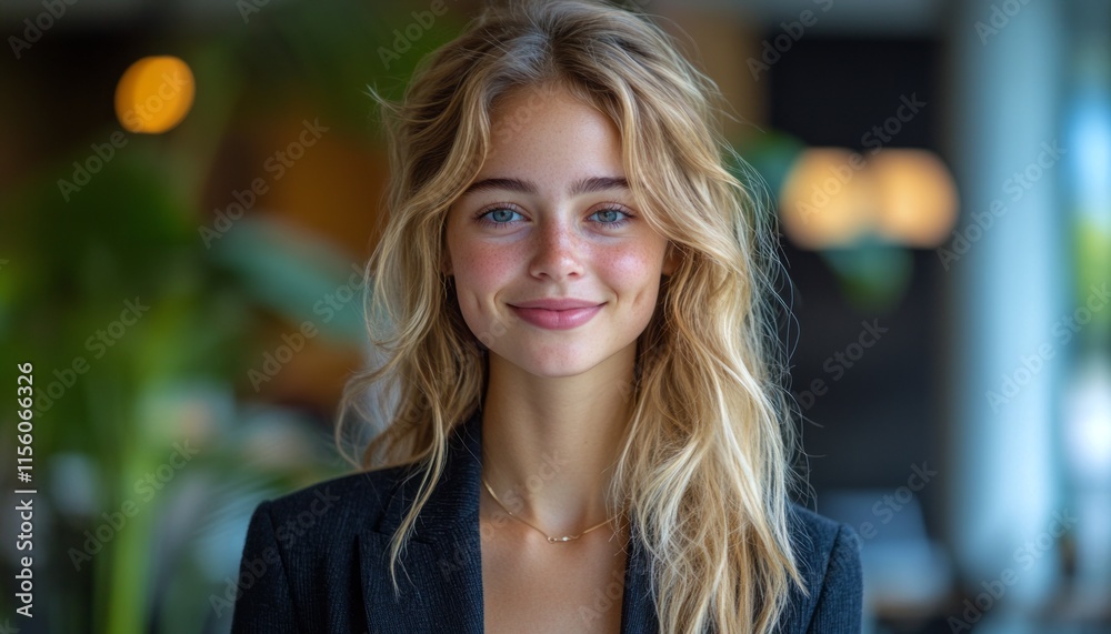 Obraz premium A young woman with long wavy hair smiles warmly while standing in a modern indoor area