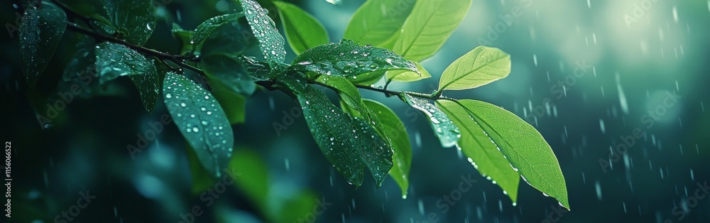 Raindrops on Green Leaves in Gentle Rain Nature Scene Raindrops on Green Leaves in Gentle Rain Nature Scene