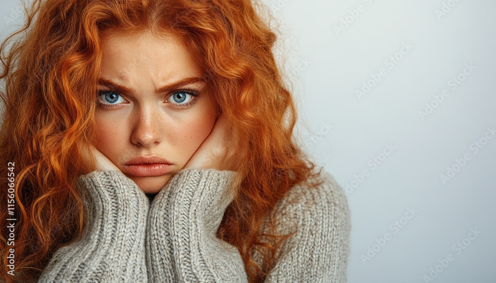 Female with bright blue eyes shows concern while resting her head on her hands Female with bright blue eyes shows concern while resting her head on her hands