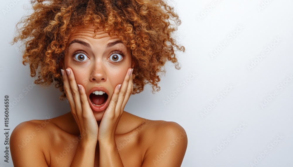 A young woman with curly hair shows a shocked expression while holding her face A young woman with curly hair shows a shocked expression while holding her face