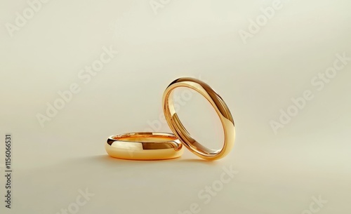 Two classic gold wedding bands on a beige background. photo