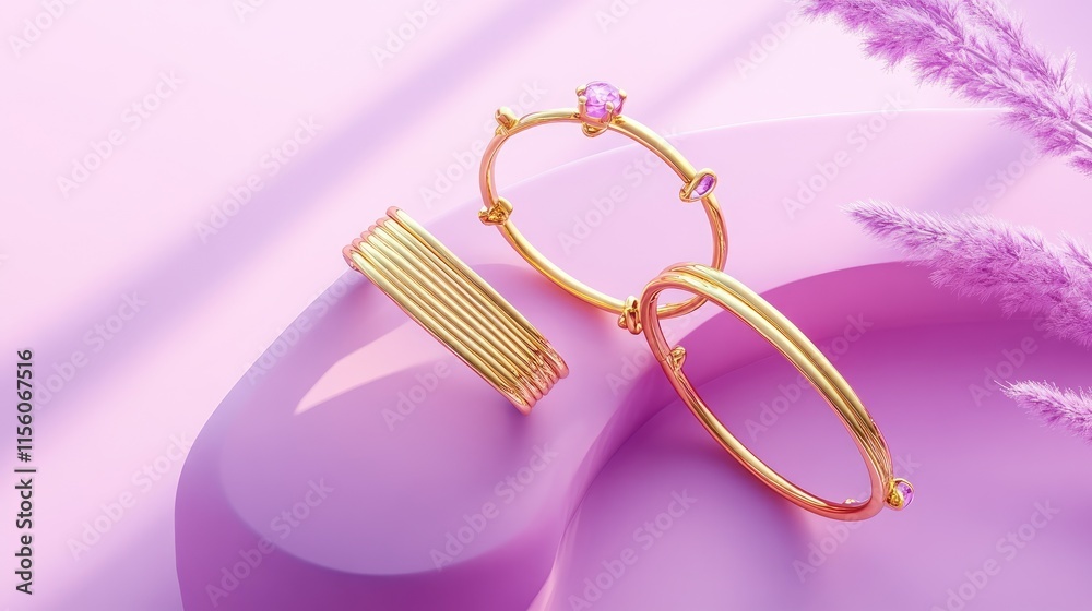 Obraz premium Elegant Gold Jewelry Displayed on Soft Pink Background