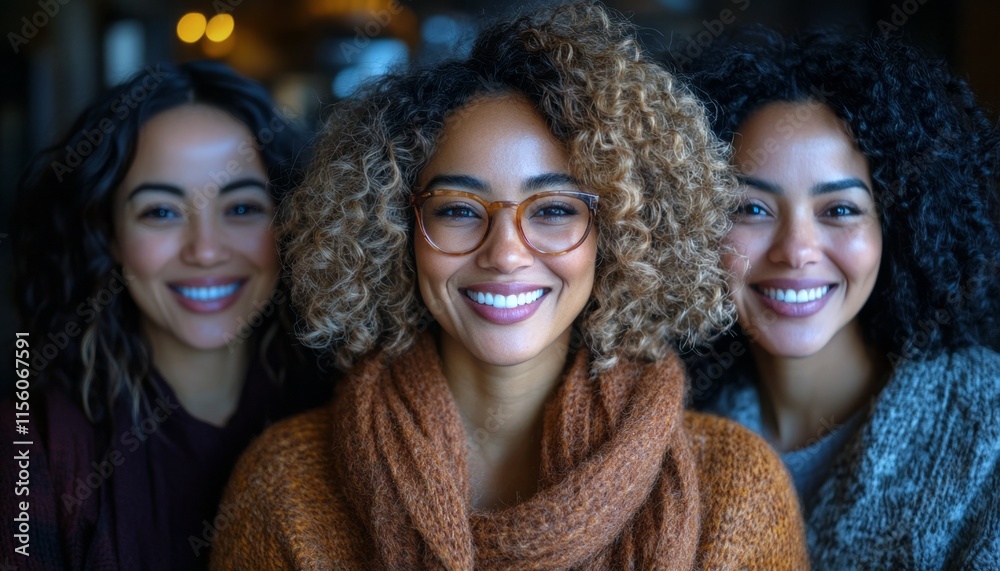 Three women with curly hair are smiling warmly, showcasing friendship in a cozy atmosphere Three women with curly hair are smiling warmly, showcasing friendship in a cozy atmosphere