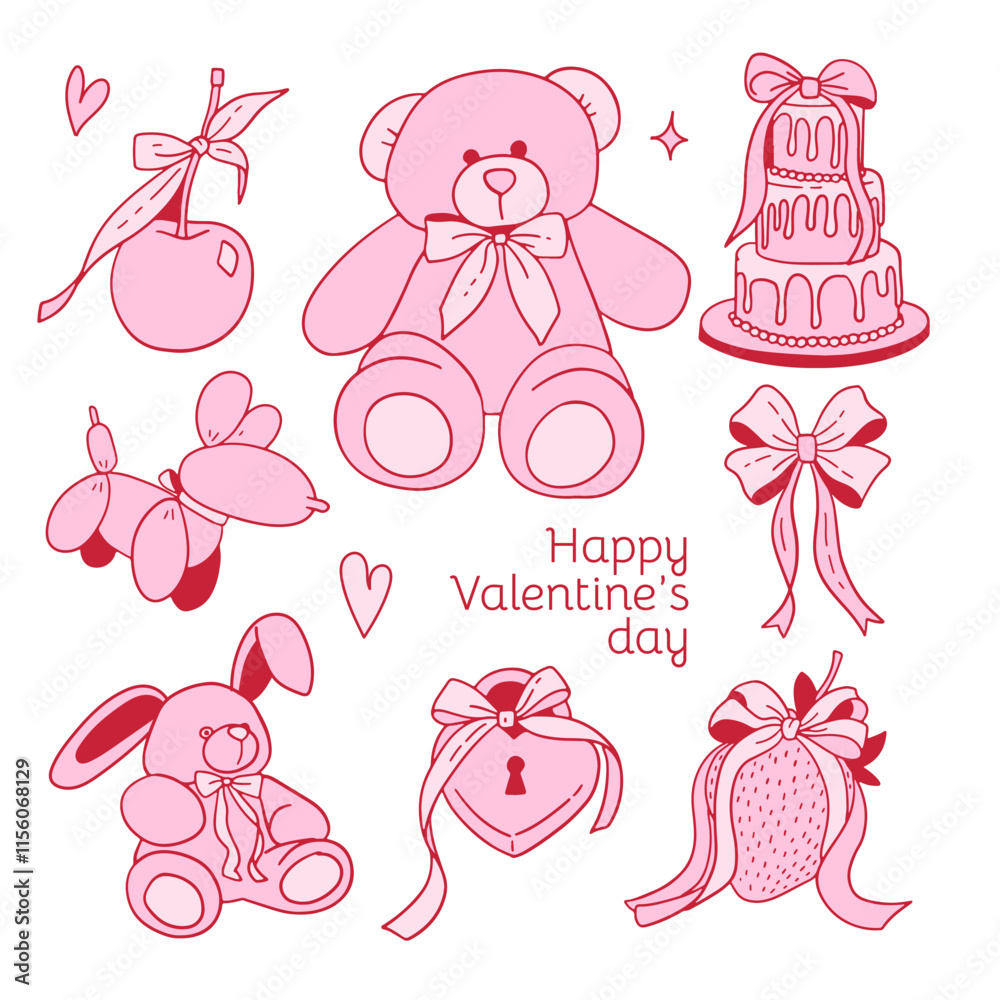 Set of teddy, bunny, lock, hearts, cake with cute coquette bows, ribbons. Elegant vintage cliparts in pastel pink color. Hand drawn line art girly vector illustration Set of teddy, bunny, lock, hearts, cake with cute coquette bows, ribbons. Elegant vintage cliparts in pastel pink color. Hand drawn line art girly vector illustration