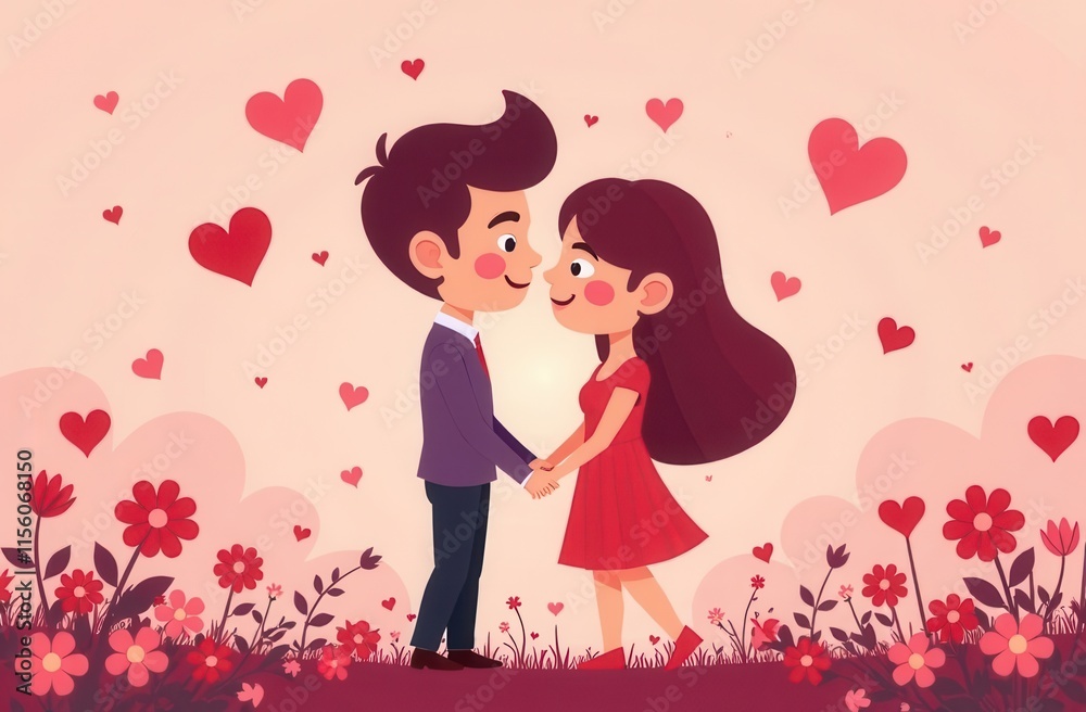 Romantic couple holding hands in floral heart-filled background. Romantic couple holding hands in floral heart-filled background.