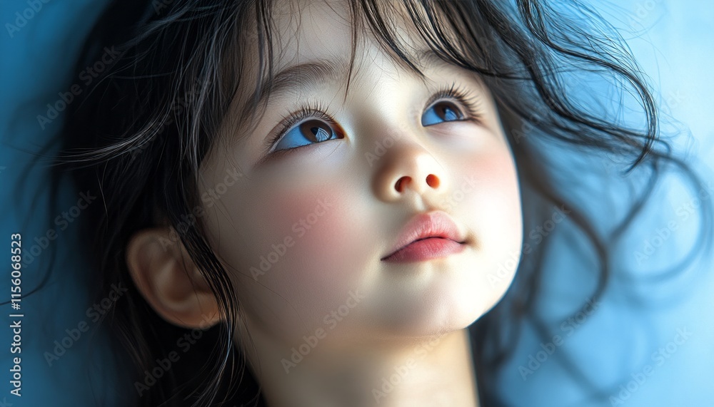 Child relaxes with eyes wide open, lost in thought, against a calm blue background Child relaxes with eyes wide open, lost in thought, against a calm blue background